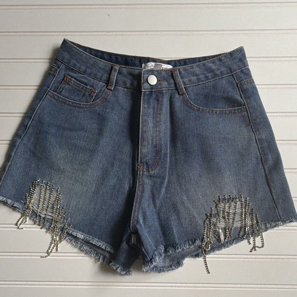 NWOT Cloud Ten Rhinestone Tassel Jean Shorts Festival Concert Wear Size S